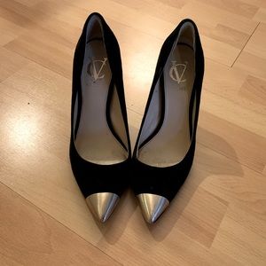 Vince Camuto Black Suede Gold Pointed Pumps